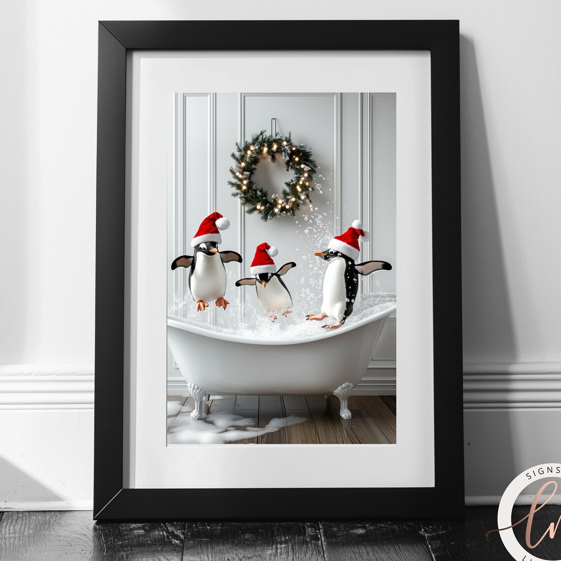 Cute Penguins in a Vintage Tub Christmas Art Print