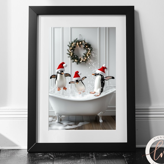 Cute Penguins in a Vintage Tub Christmas Art Print