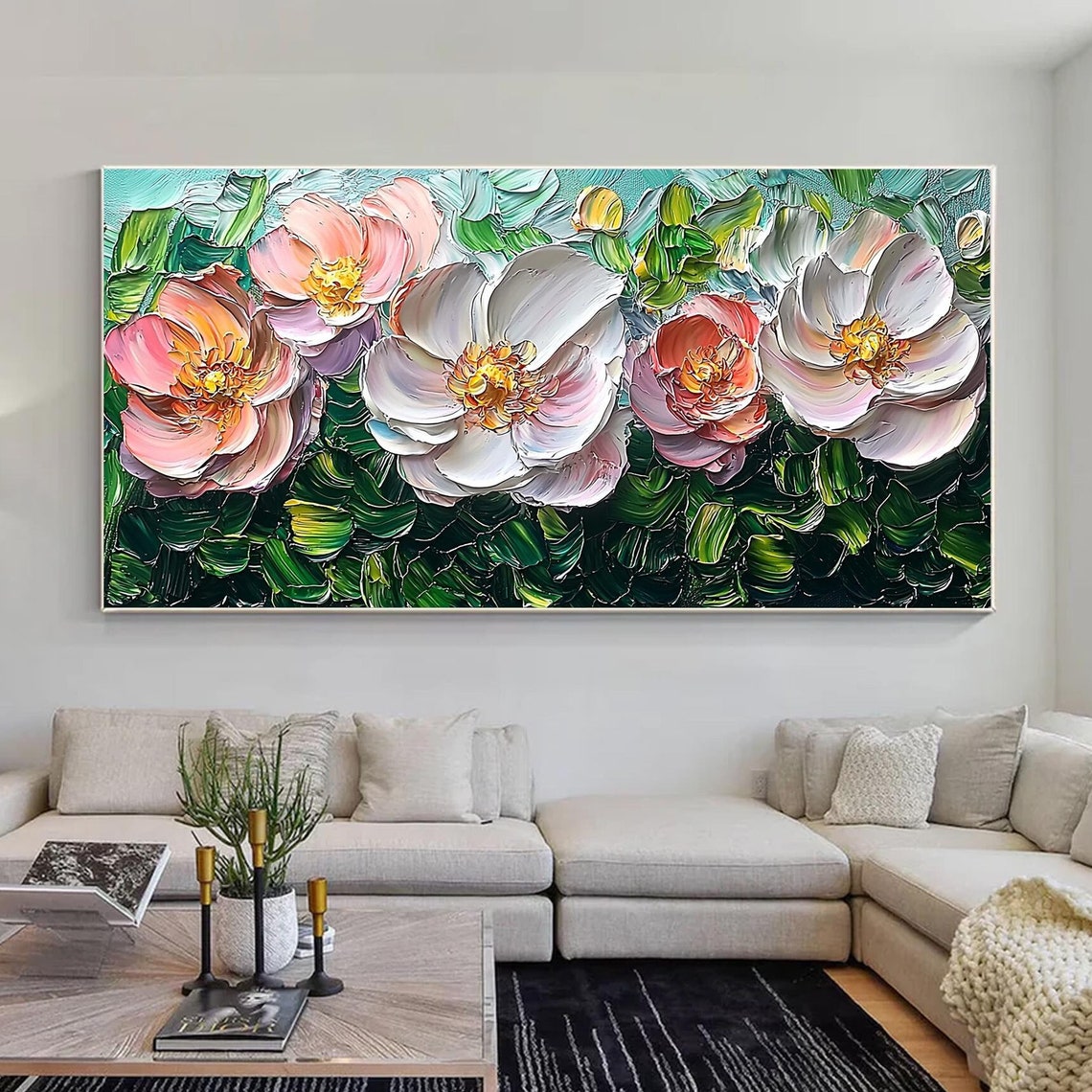Soft White Pink Peony Flowers with Golden Centers Floral Wall Art
