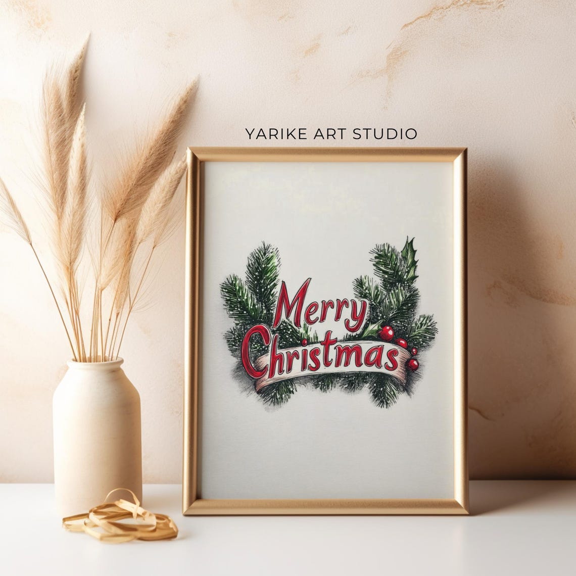 Merry Christmas Ribbon Banner with Pine Sprigs Watercolor Style Poster - Image 2