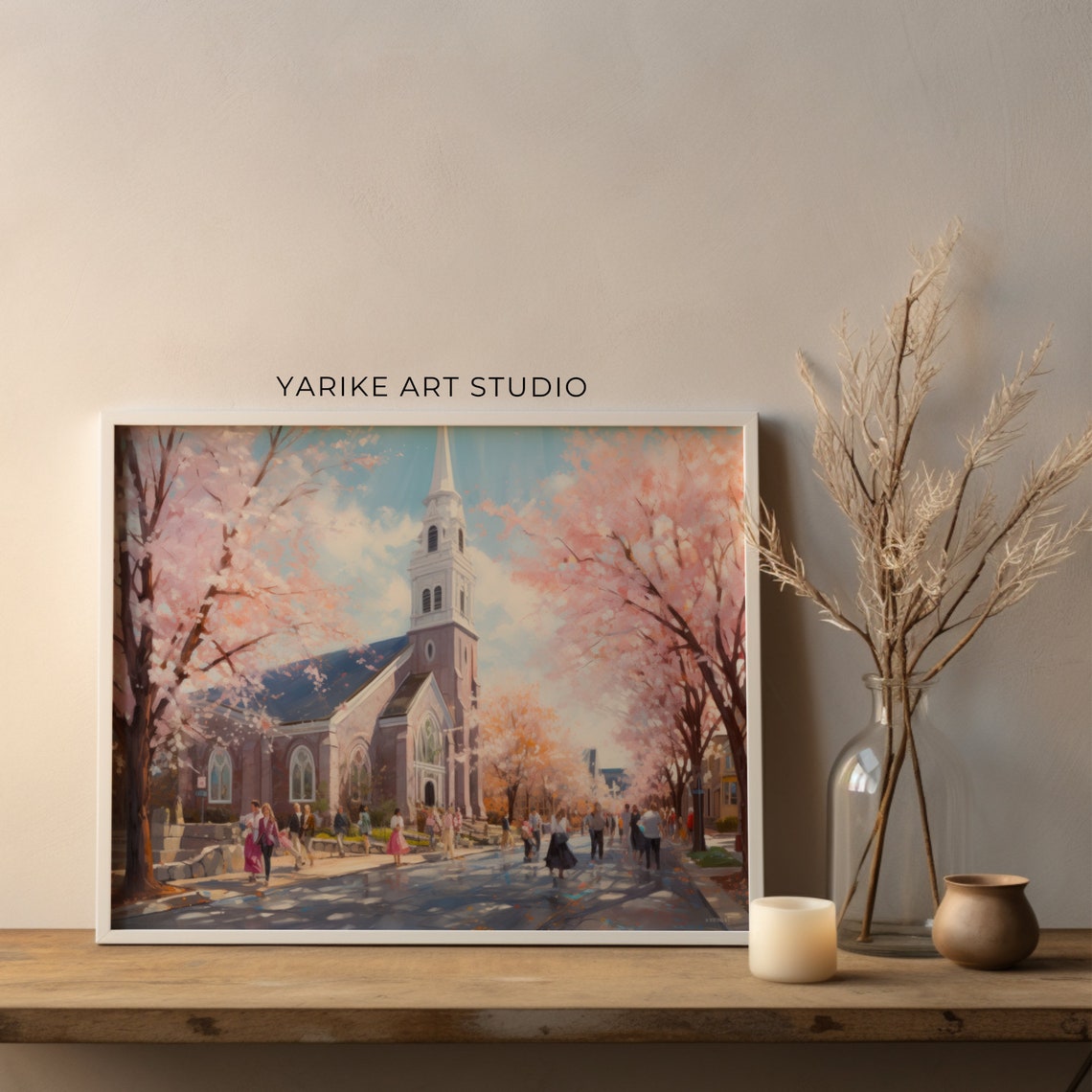 Cherry Blossom Lined Church Street Springtime City Art Poster - Image 3