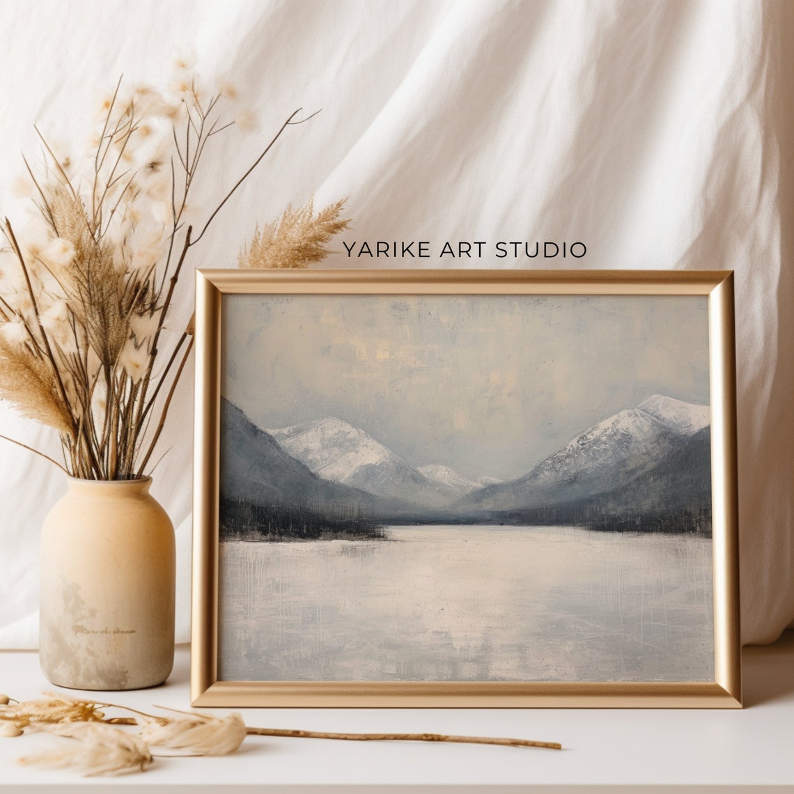 Minimalist Snow Mountain Lake Gray Tonal Winter Landscape Poster - Image 4