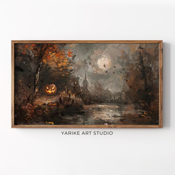 Vintage Night Moon Painting Frame Tv Art Dark Moody Landscape Tv Art Frame Living Room Tv Art 232