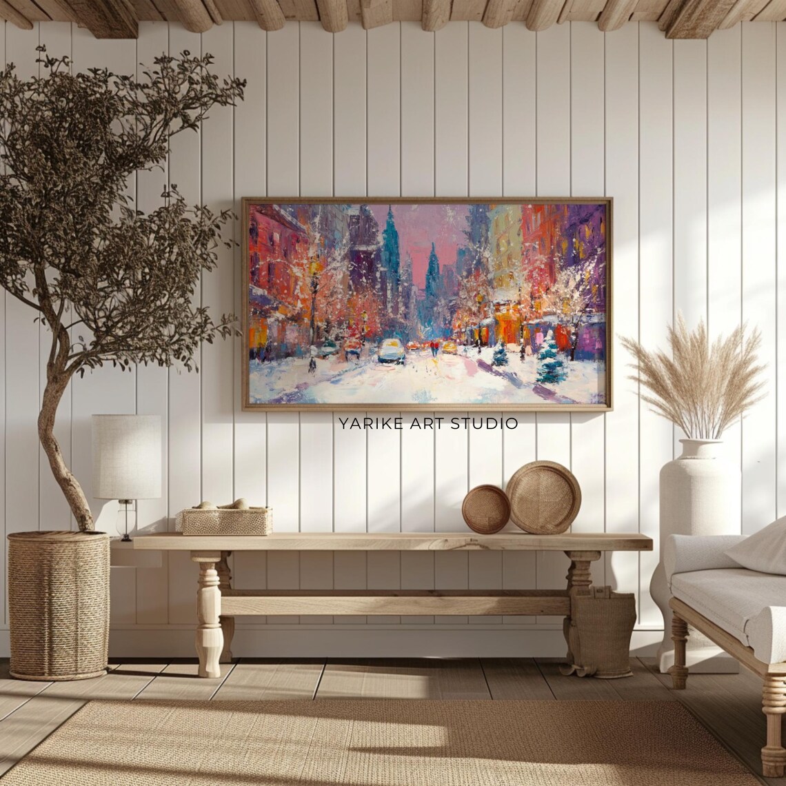 Snowy City Street Winter Night Colorful Impressionist Poster - Image 2