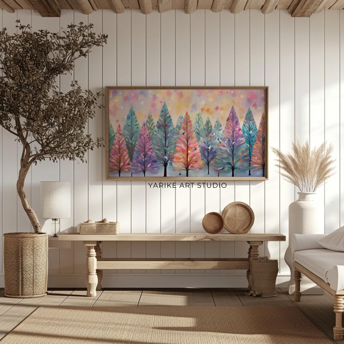 Pastel Rainbow Christmas Forest Trees Snowflake Holiday Poster - Image 2