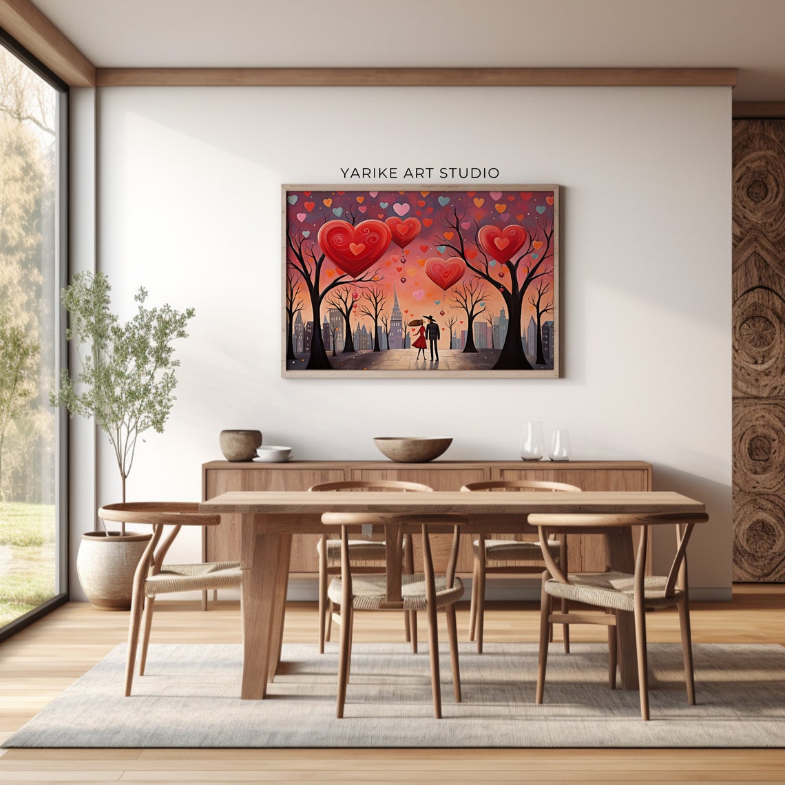 Couple Under Giant Red Hearts Cityscape Folk Valentine Poster - Image 2