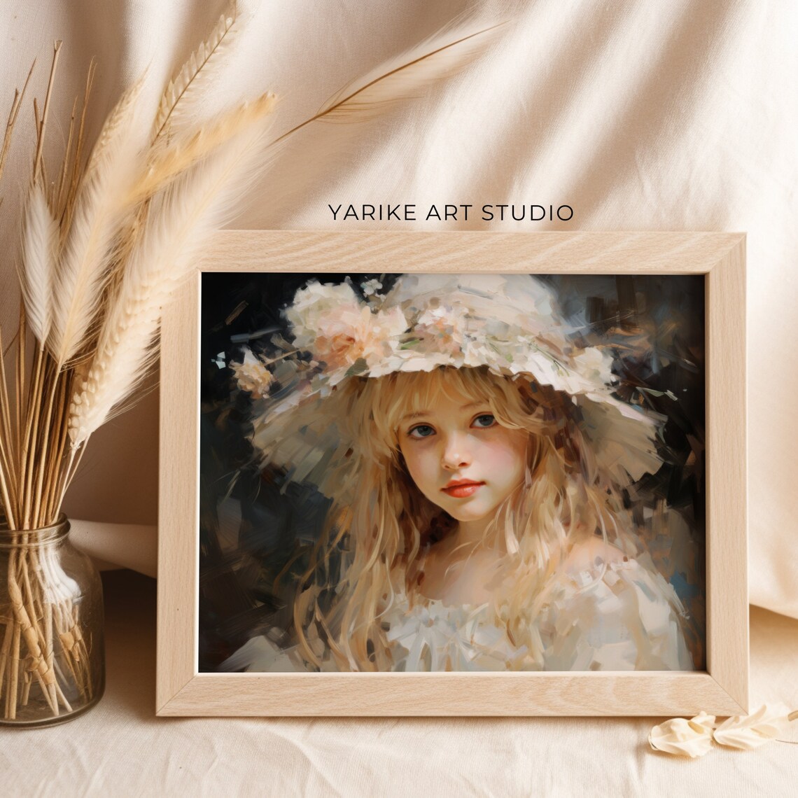 Little Girl in Floral Hat Vintage Oil Portrait Blonde Child Art Poster - Image 2