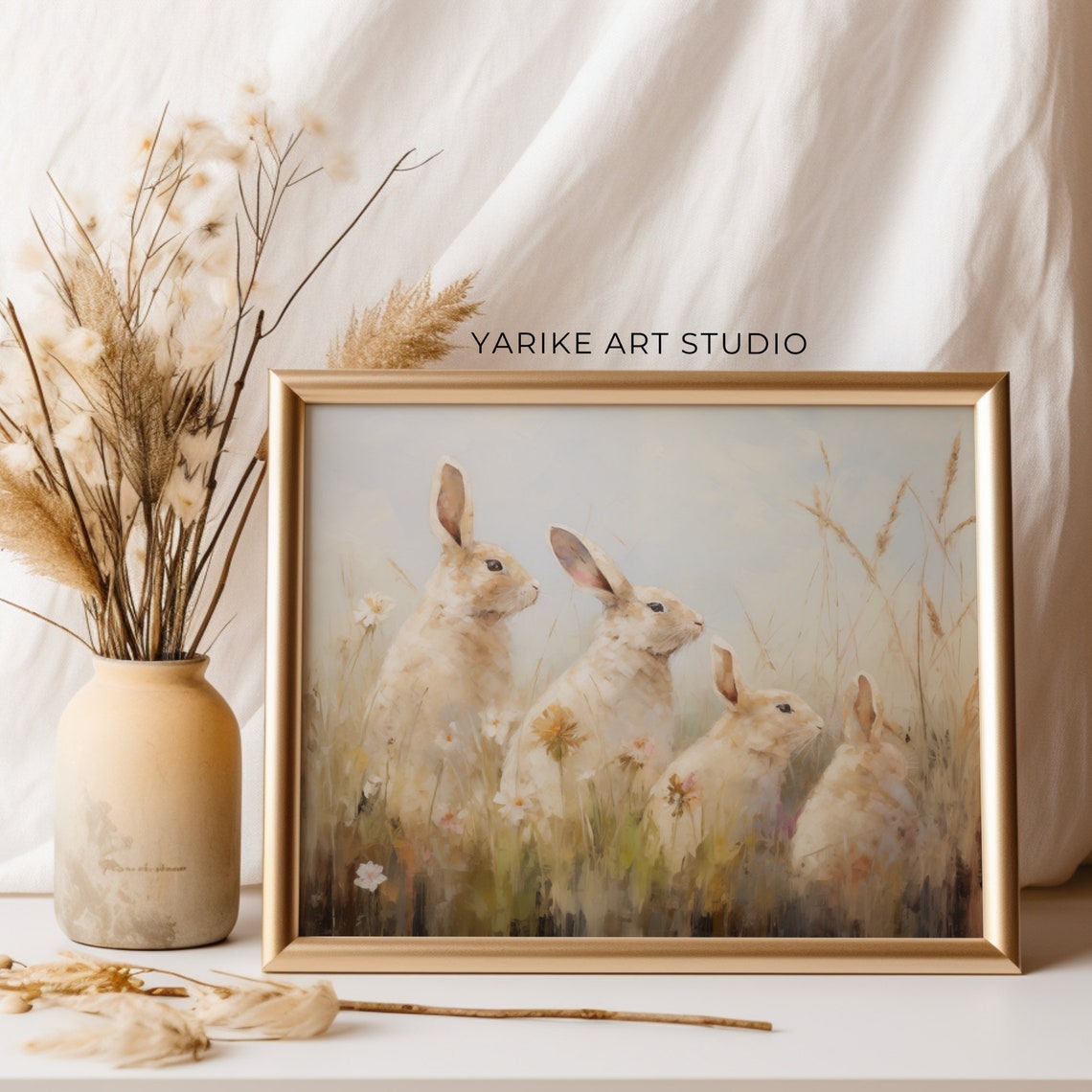 Four White Rabbits In Wildflower Meadow Spring Easter Poster - Image 3