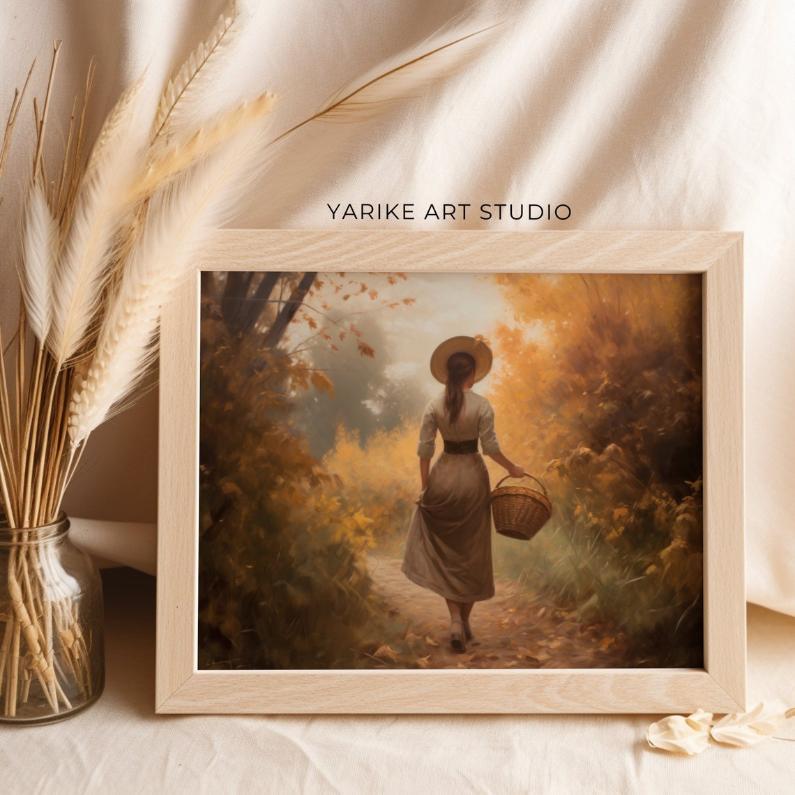 Woman with Basket Walking Autumn Forest Path Golden Fall Art Poster - Image 2
