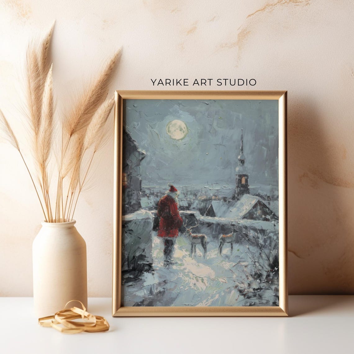 Santa Claus Reindeer Painting Vintage Father Christmas On Roof Print Winter Xmas Holiday Wall Art Cabin Christmas Decor 874 - Image 2