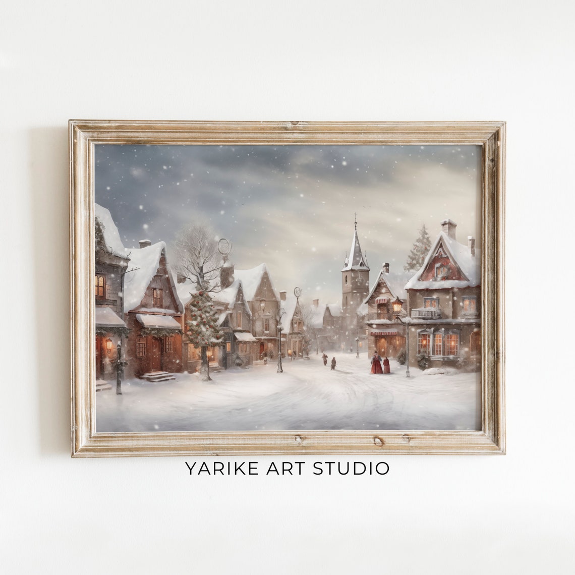 Snowy Old European Street Church Tower Lamppost Watercolor Poster
