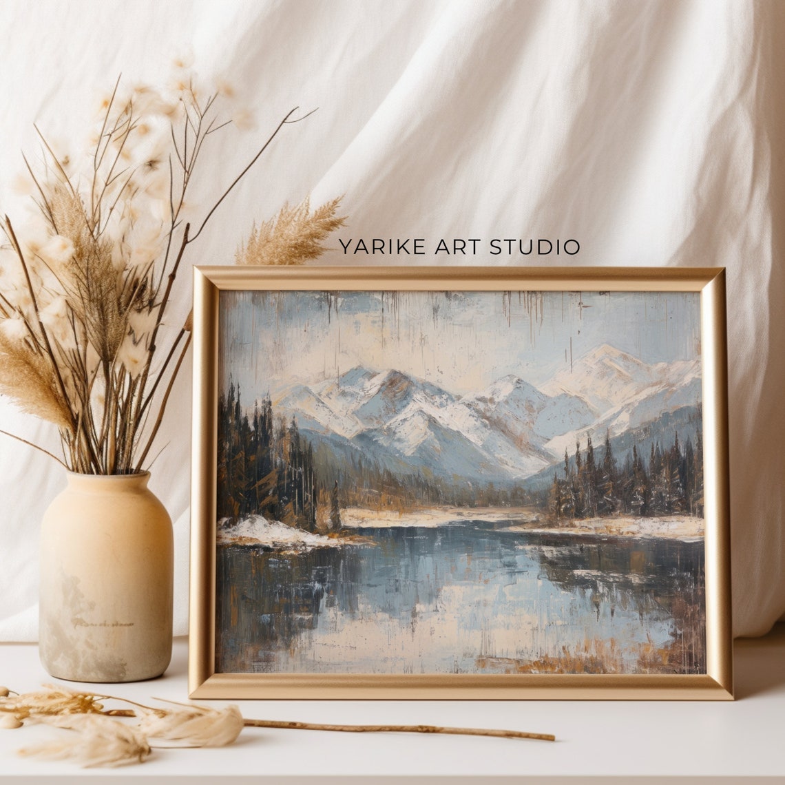 Snowy Mountain Lake Reflection Pines Vintage Landscape Poster - Image 4