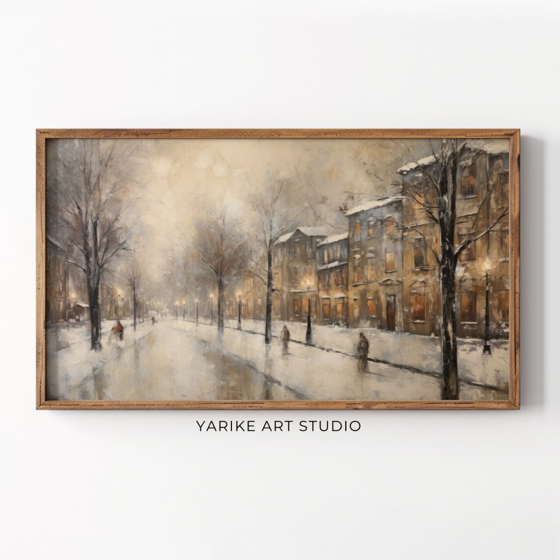 Snowy European Street Winter Vintage Town Evening Landscape Poster