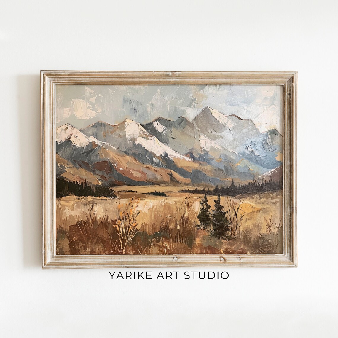 Snowy Mountain Peaks Over Golden Autumn Valley Oil Painting Poster
