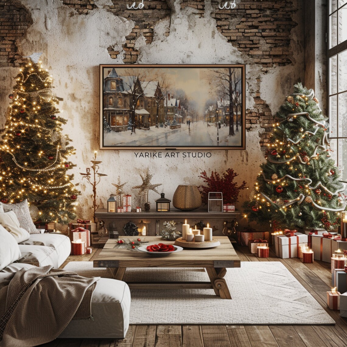Vintage Winter Town Night Frame Tv Art Christmas Frame Tv Screensaver Neutral Holiday Winter Village Landscape Painting 76 Tv - Image 2