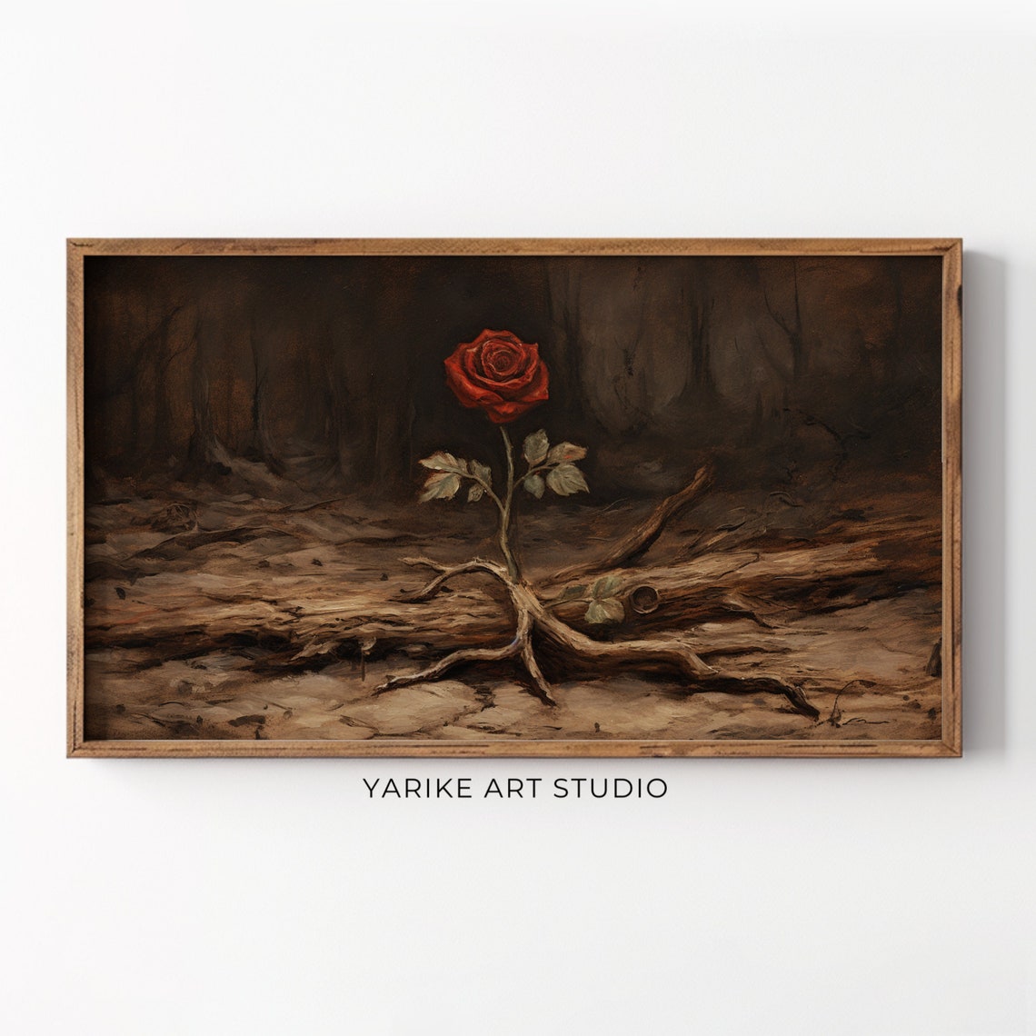 Red Rose Blooming from Driftwood Dark Moody Romantic Painting Poster