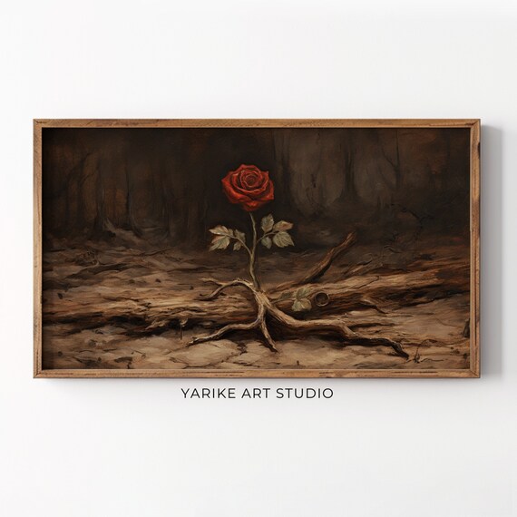 Red Rose Valentines Day Frame Tv Art Vintage Floral Oil Painting Botanical Flowers Frame Tv Art Dark Moody Decor 137
