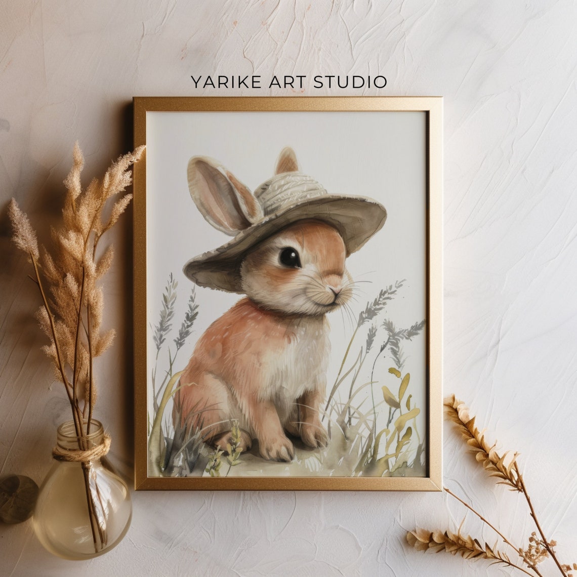 Cute Bunny Wearing Straw Hat Watercolor Rabbit Nursery Poster - Image 4