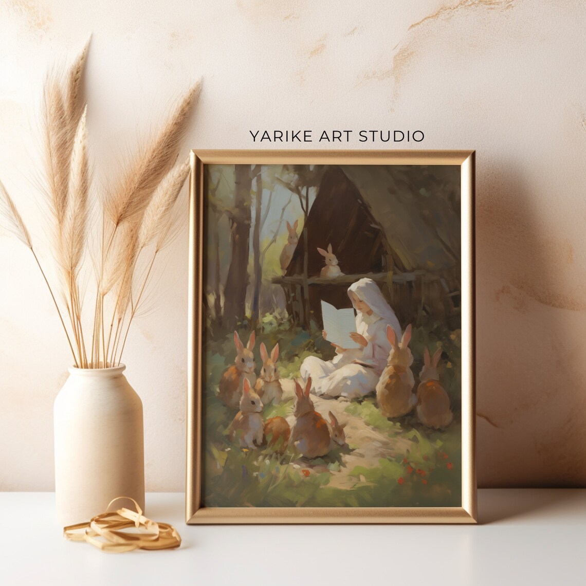 Whimsical Girl Reading to Forest Bunnies Woodland Art Poster