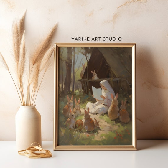 Cute Easter Bunny Reading Book Art Easter Print Easter Wall Art Spring Print Easter Decor Spring Decor Cottagecore Print Academia Decor 387