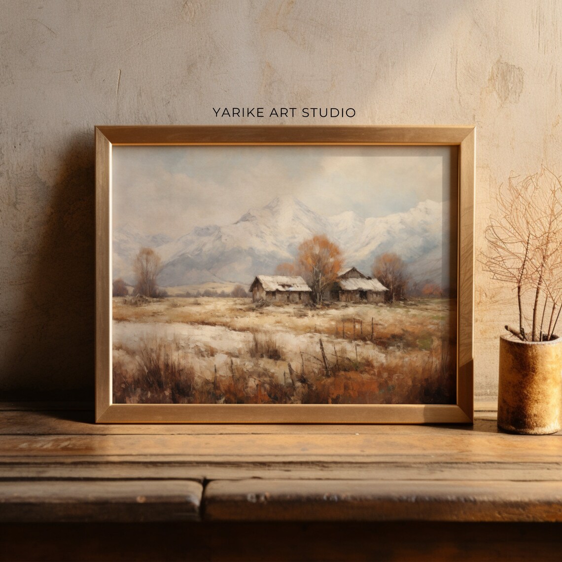 Vintage Winter Cabin Snowy Mountain Landscape Rustic Oil Painting Poster - Image 2