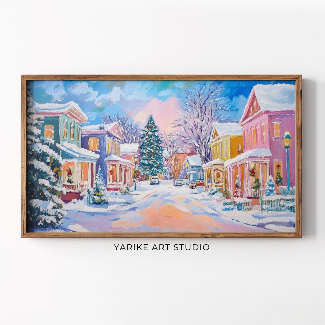 Snowy Victorian Christmas Town Street Colorful Winter Village Poster