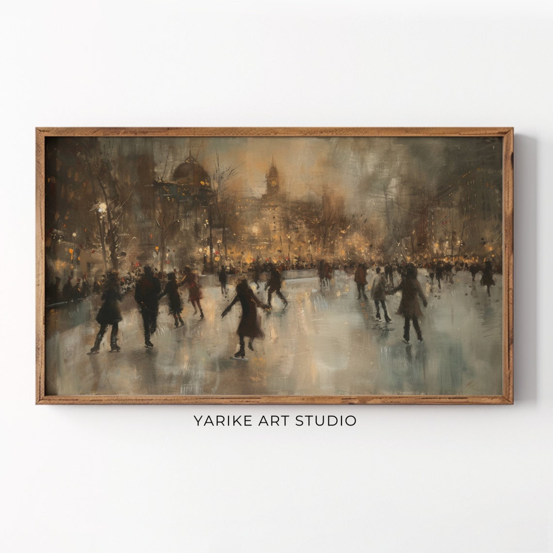 Vintage Style Christmas Frame Tv Art Ice Skater Town Night Winter Landscape Oil Painting Tv Art Ice Skating Landscape 77 Tv