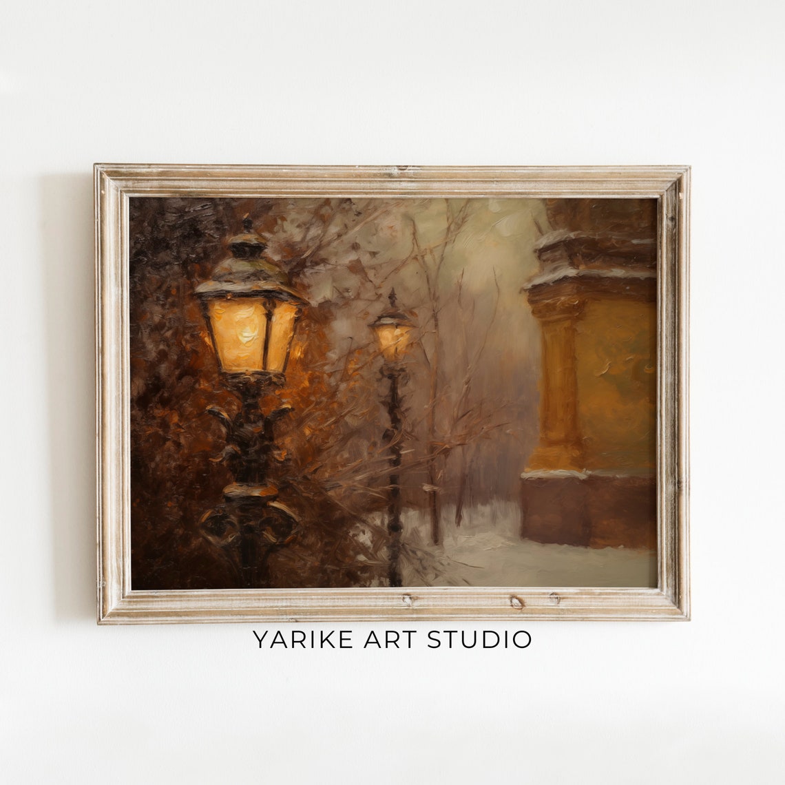 Glowing Street Lamps Snowy Night Vintage Winter City Scene Poster