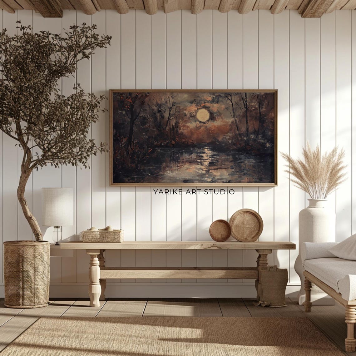 Full Moon Over Dark River Bare Trees Moody Night Landscape Poster - Image 2