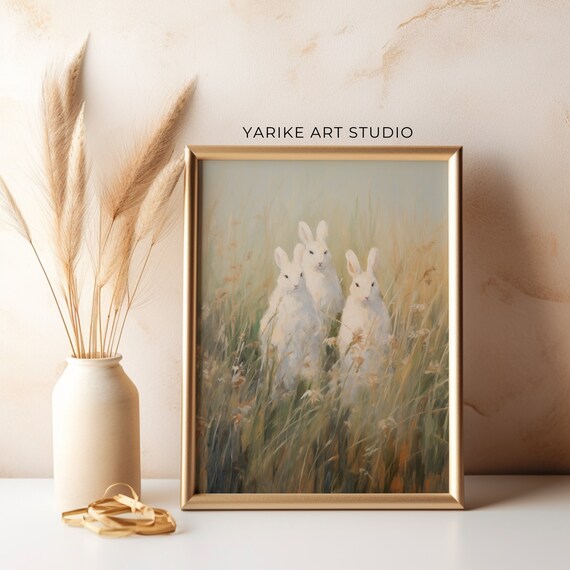 Three White Bunnies in Golden Meadow Grass Wildlife Art Poster
