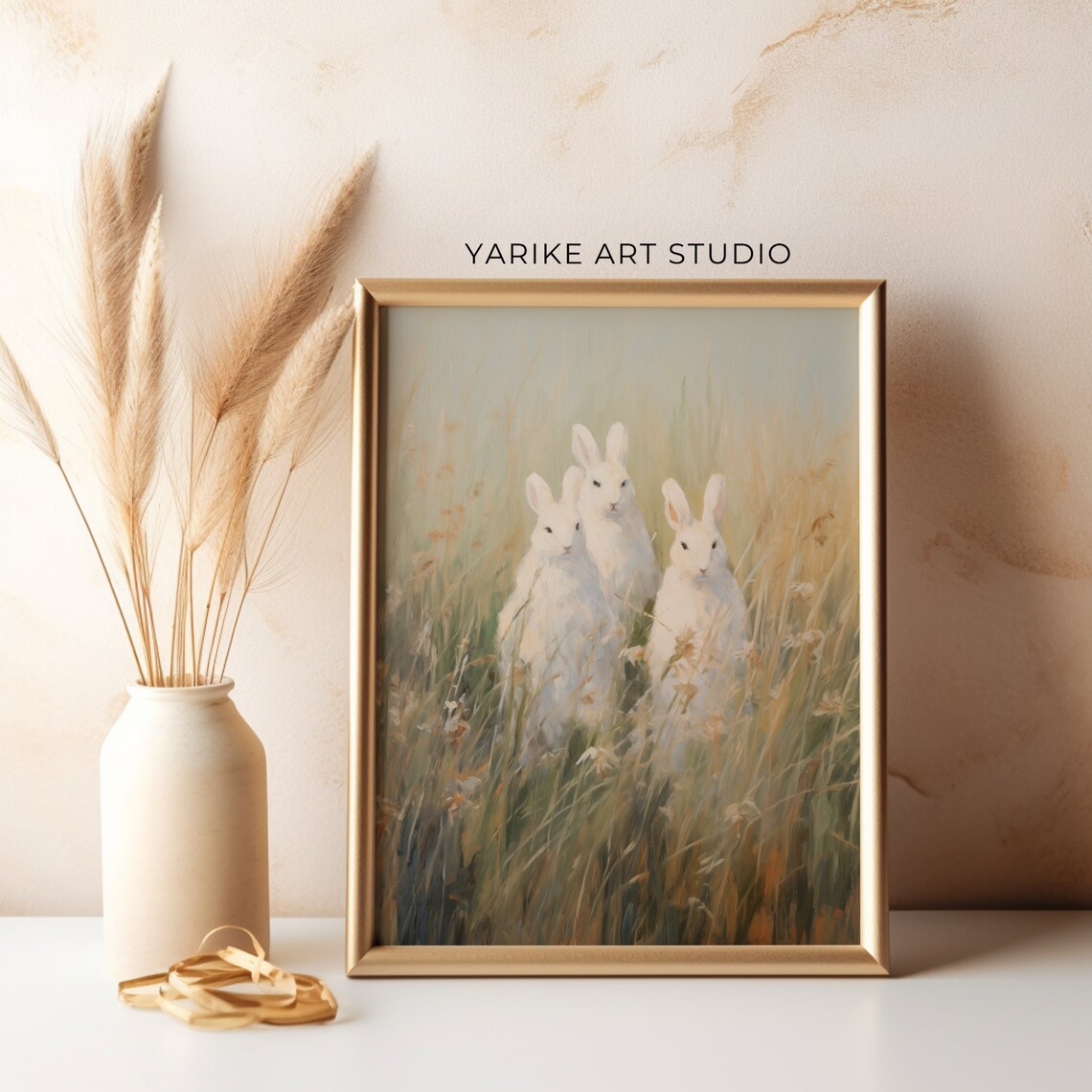 Three White Bunnies in Golden Meadow Grass Wildlife Art Poster