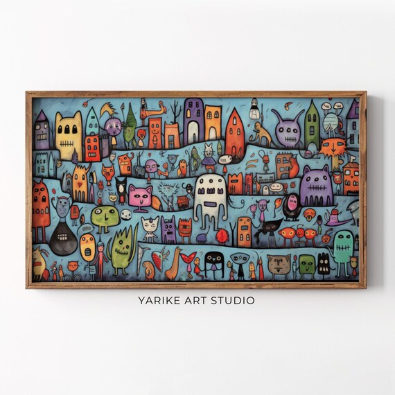 Whimsical Doodle Monster Crowd Colorful Quirky Character Art Poster