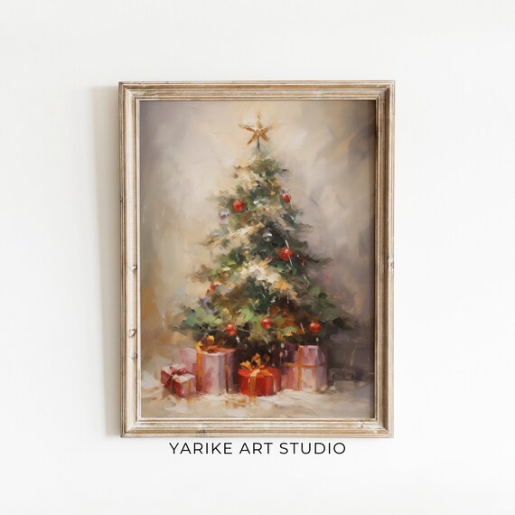 Christmas Tree Painting Vintage Christmas Decor Wall Art Muted Neutral Moody Rustic Winter Decor Christmas Gift Idea 305 Ai
