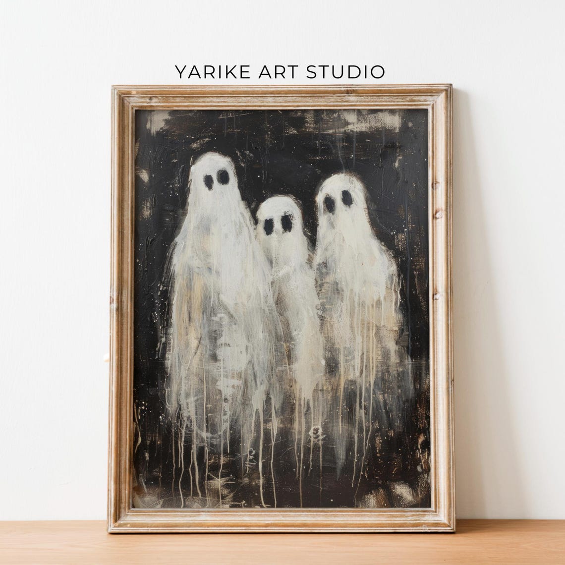 Three White Ghosts On Black Cute Vintage Spooky Halloween Poster - Image 6