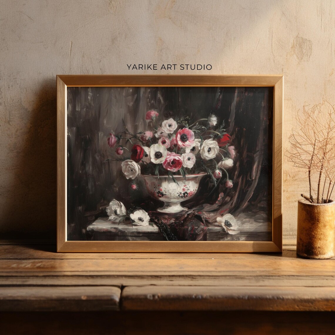 Pink and White Anemone Bouquet Vintage Bowl Dark Floral Poster - Image 3