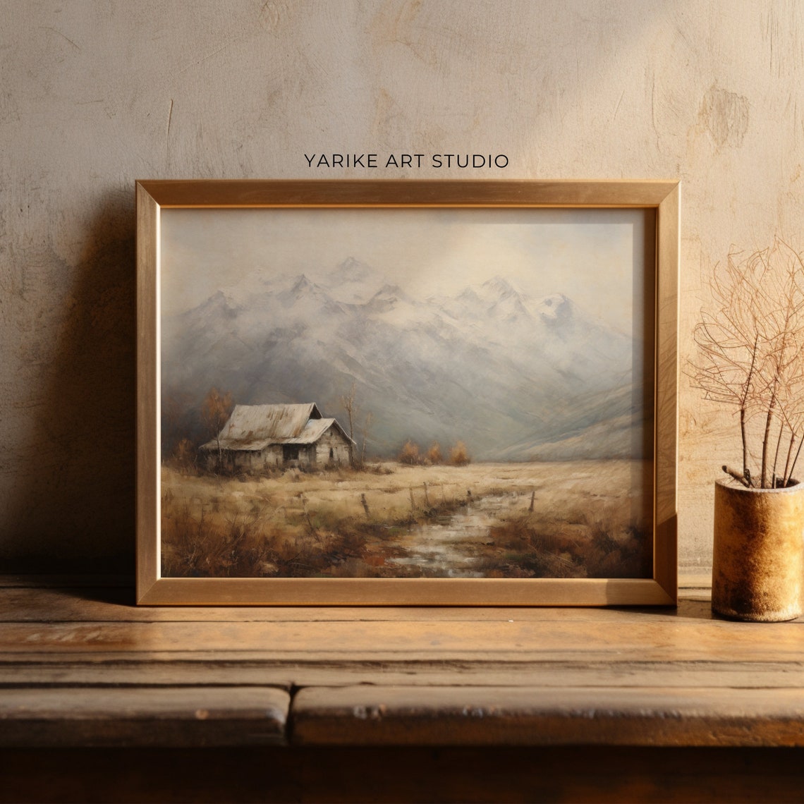 Old Barn Golden Field Misty Mountains Rustic Country Art Poster - Image 2