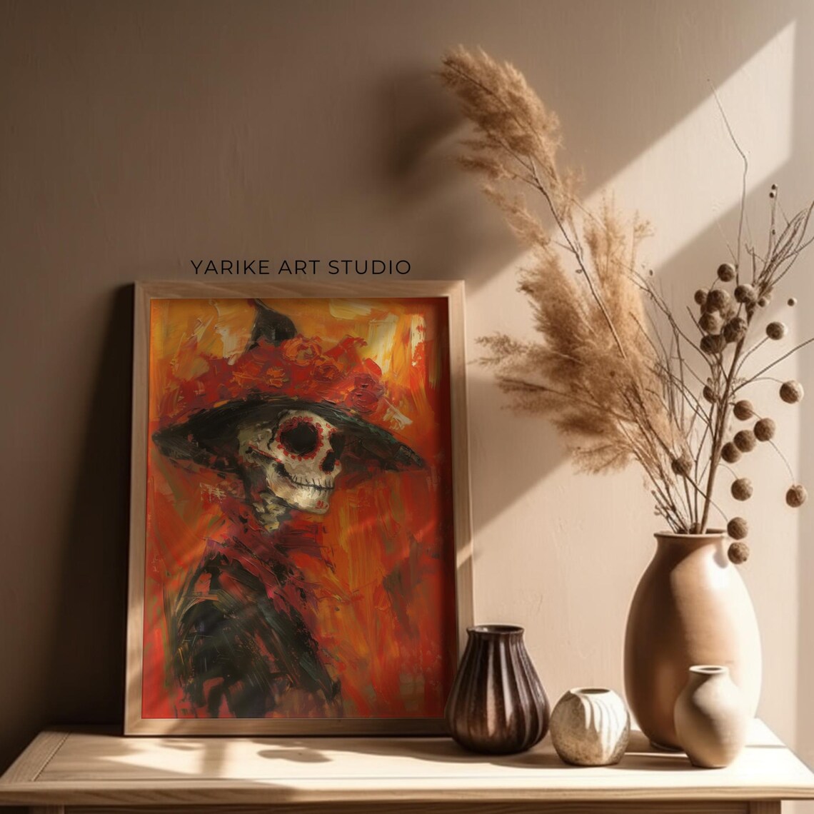 Day of the Dead Skeleton Lady Flower Hat Orange Painting Poster - Image 4