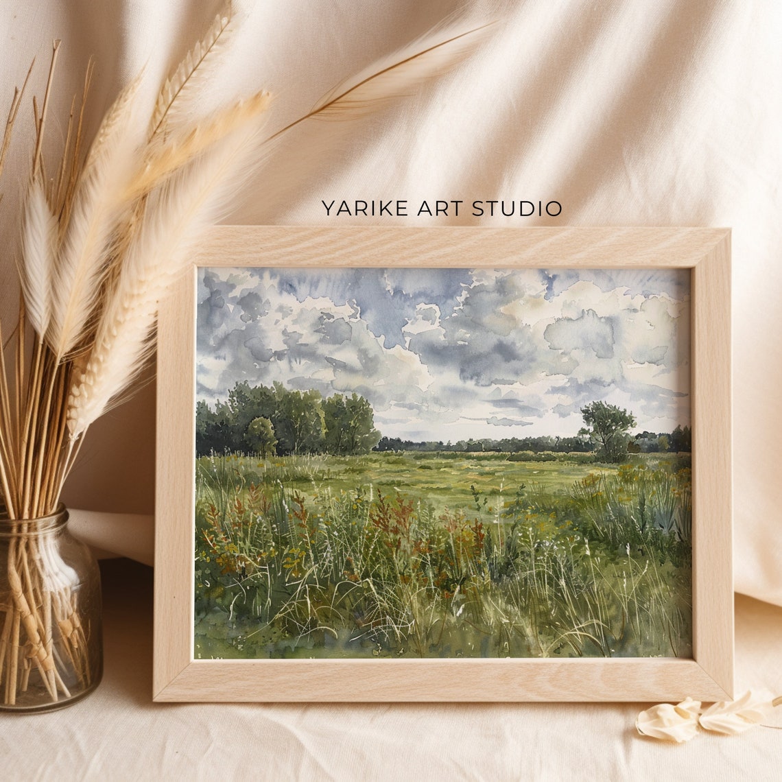 Watercolor Green Meadow Grassy Field Cloudy Sky Country Poster - Image 2