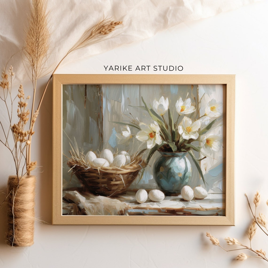 Daffodils and Easter Eggs Basket Spring Still Life Painting Poster - Image 4