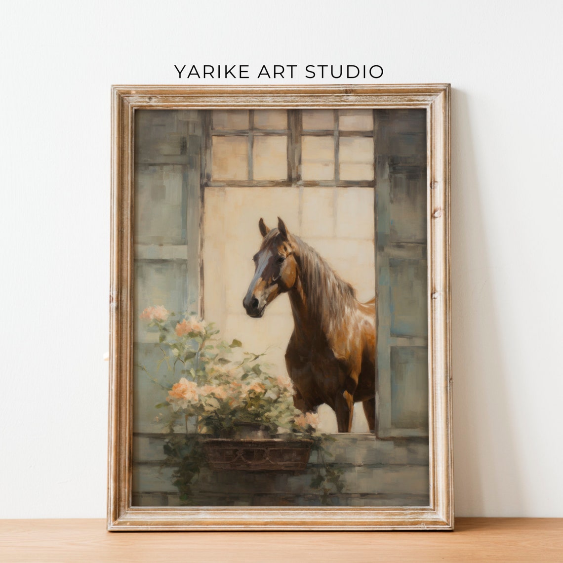Chestnut Horse At Vintage Stable Window With Flower Box Print - Image 2