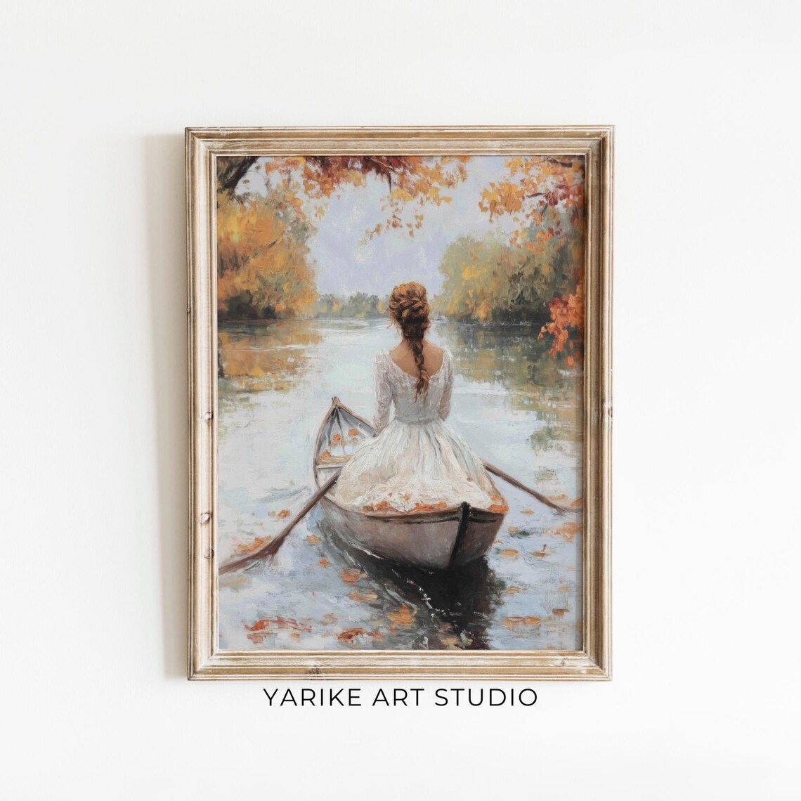 Woman in White Dress Rowing a Boat on Autumn River Romantic Oil Poster