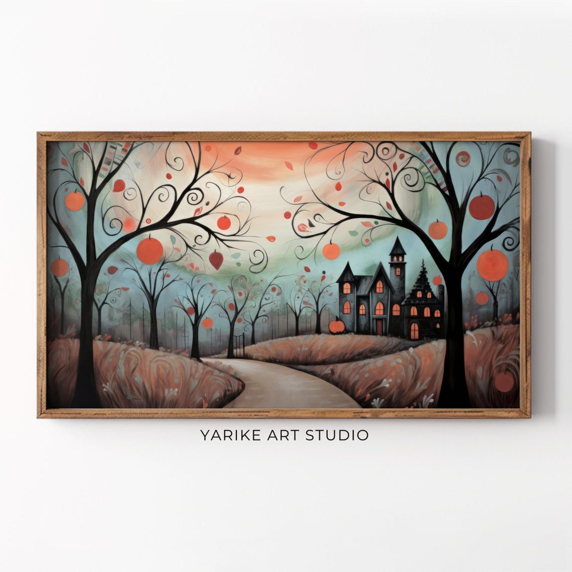 Halloween Haunted House Pumpkin Trees Stylized Folk Art Poster