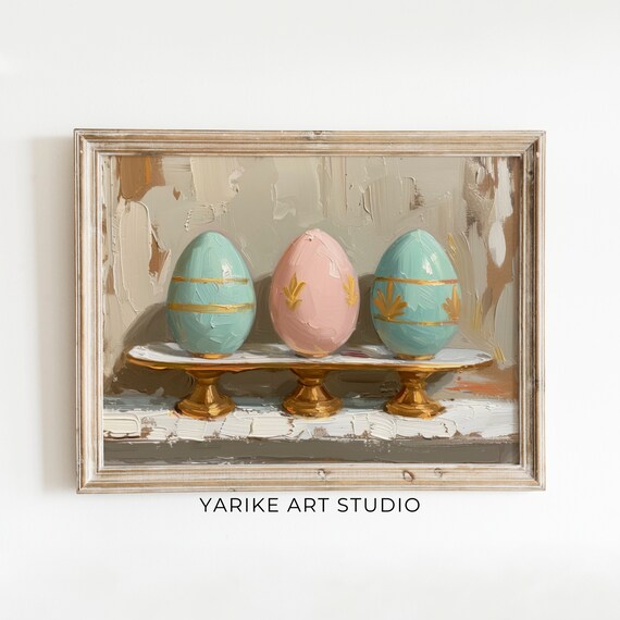 Painted Easter Eggs Gold Stand Oil Painting Pastel Eggs Still Life Poster
