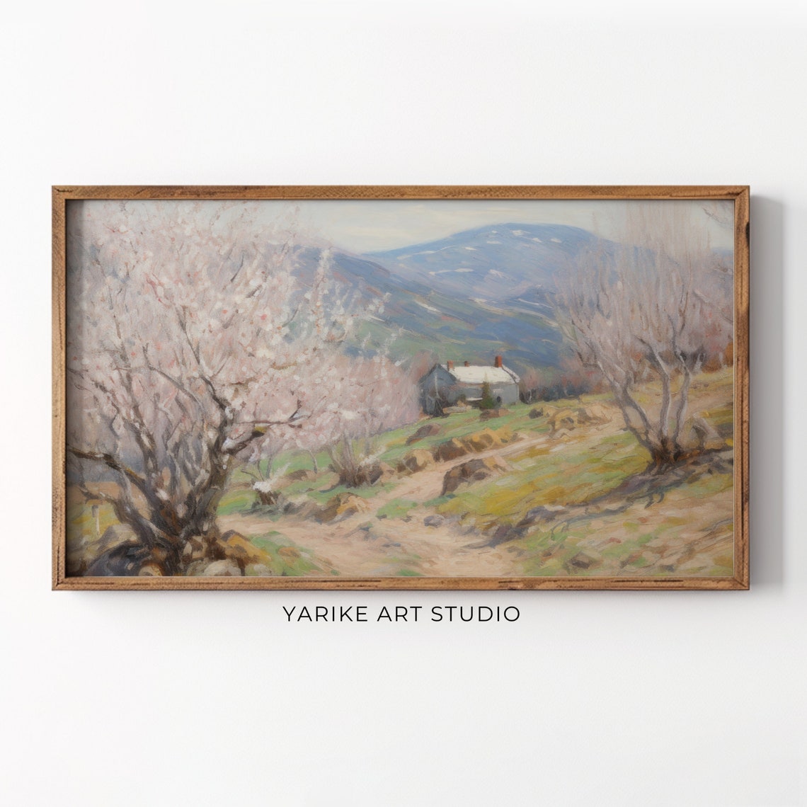 Spring Blossom Trees Cottage Mountain Landscape Vintage Art Poster