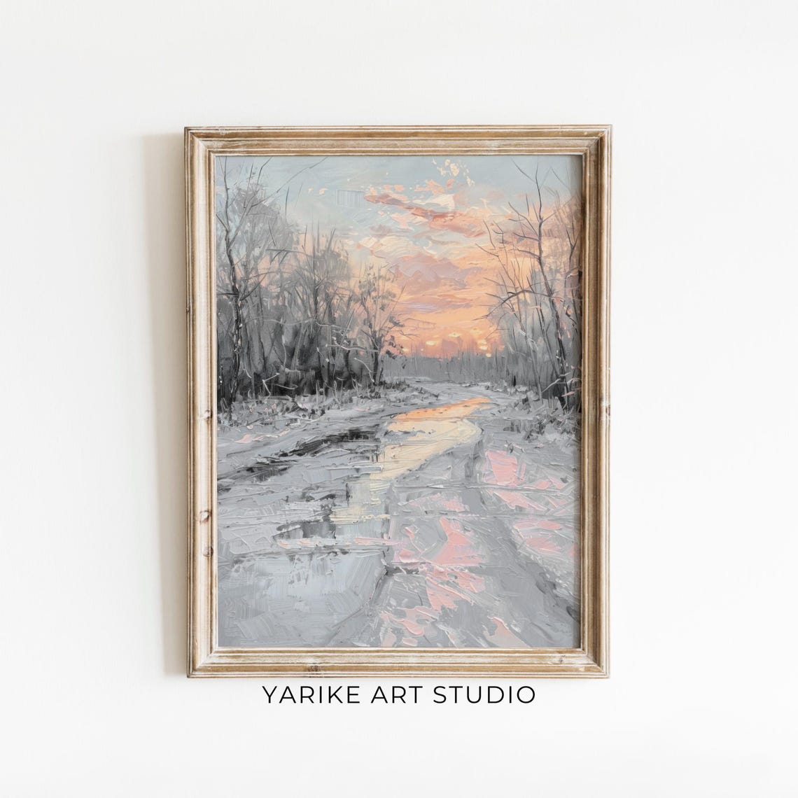 Frozen River Winter Sunset With Pink Sky And Bare Trees Poster