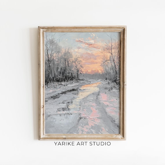 Frozen River Winter Sunset With Pink Sky And Bare Trees Poster