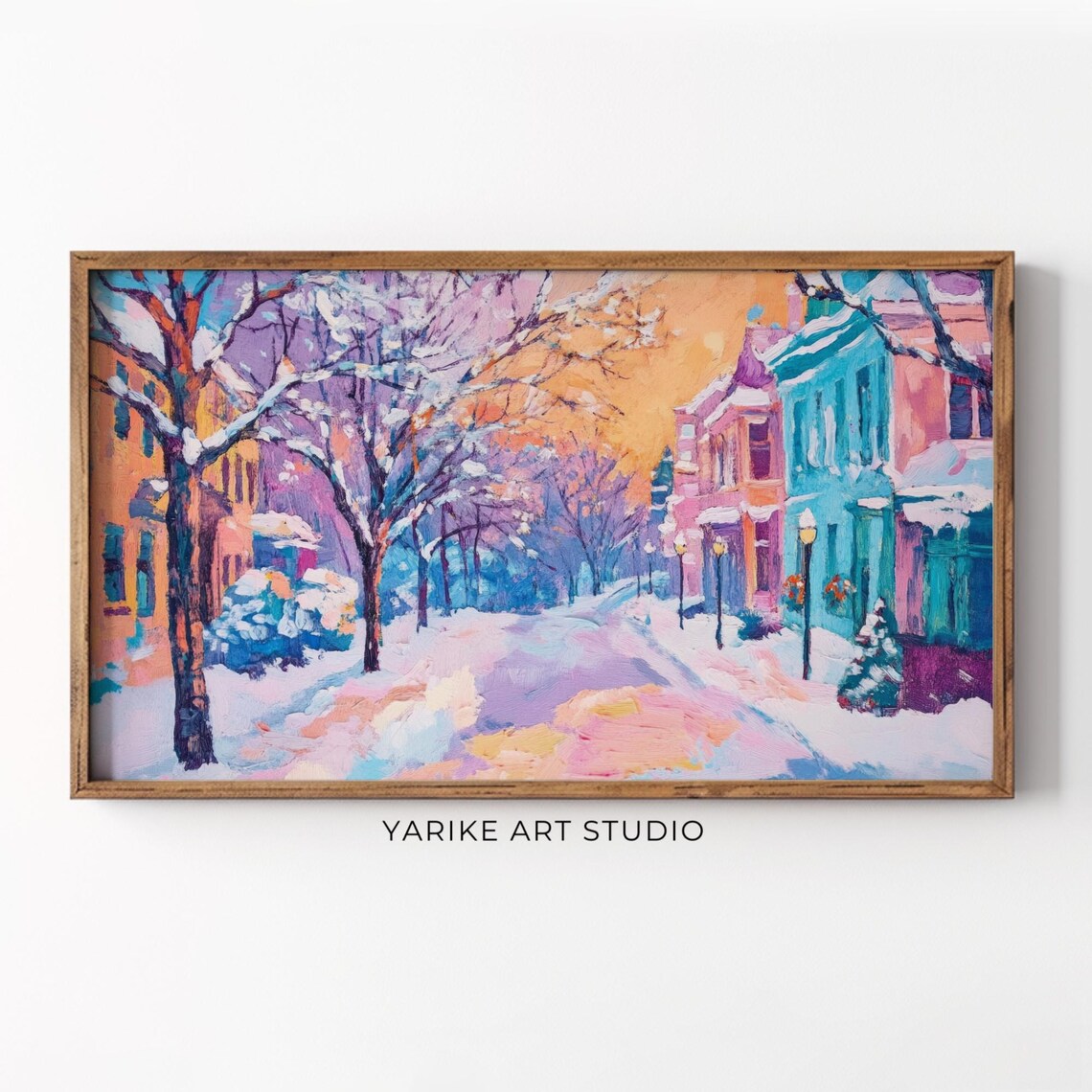 Colorful Snowy Town Street Winter Village Painting Christmas Poster