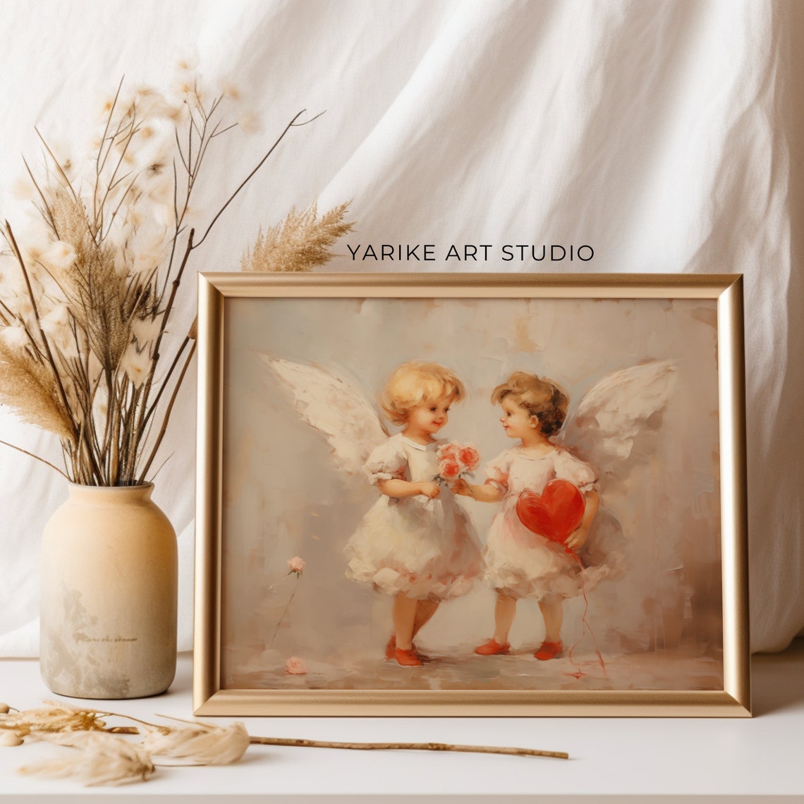 Two Vintage Cherub Angels with Heart and Roses Painting Poster - Image 2