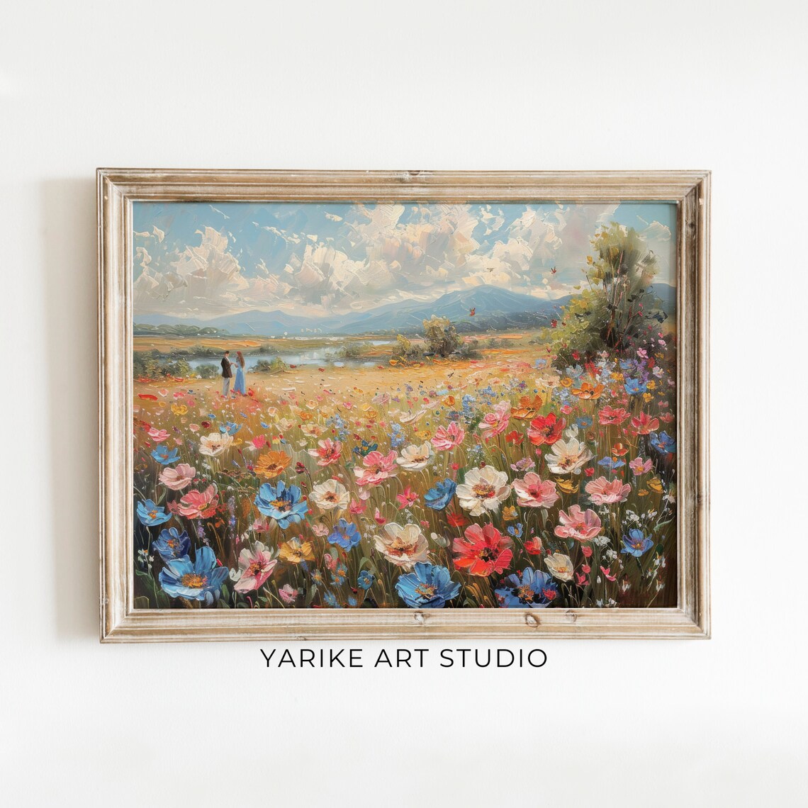 Colorful Wildflower Meadow with Couple Mountain View Painting Poster