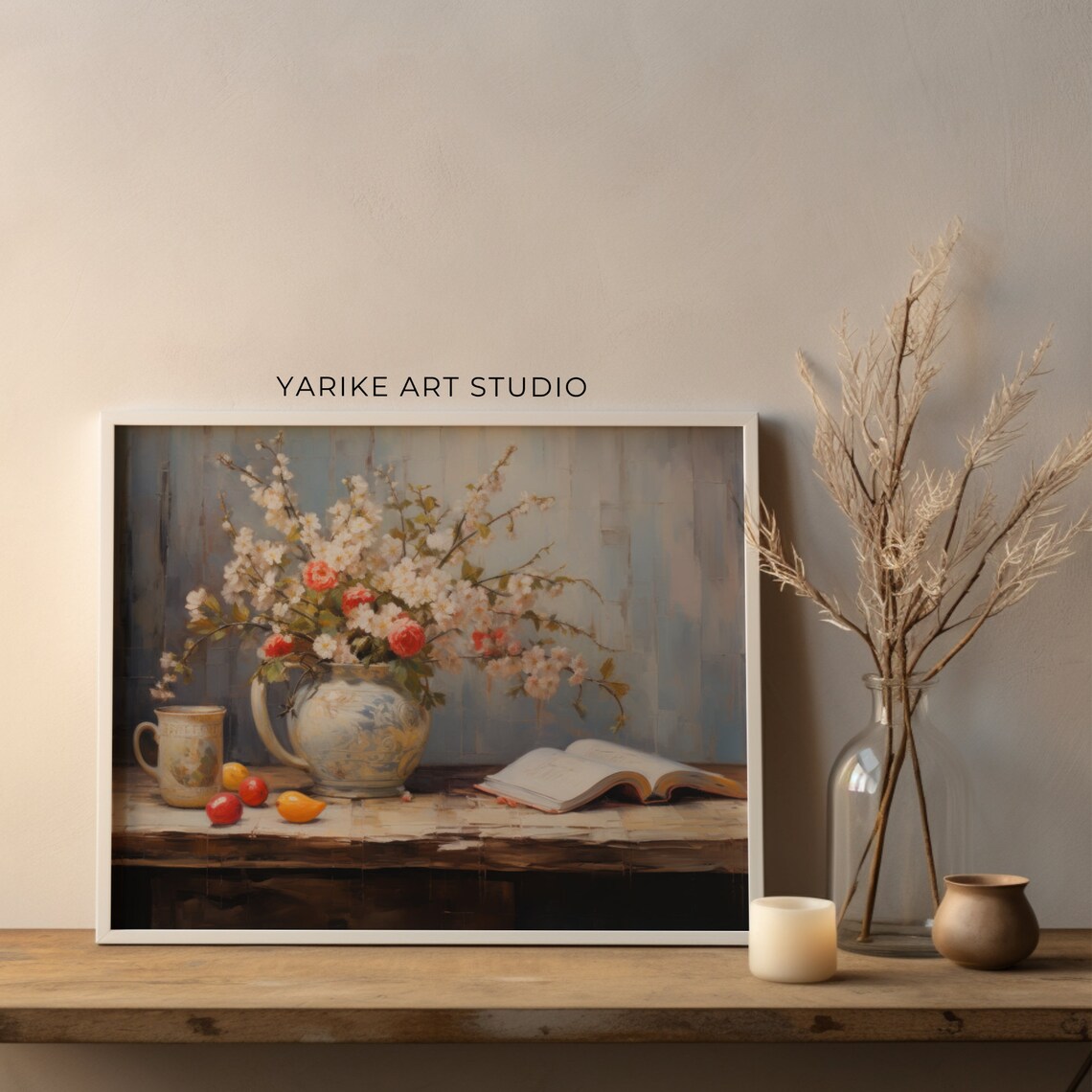 White Blossom and Rose Vase with Open Book Still Life Poster - Image 4